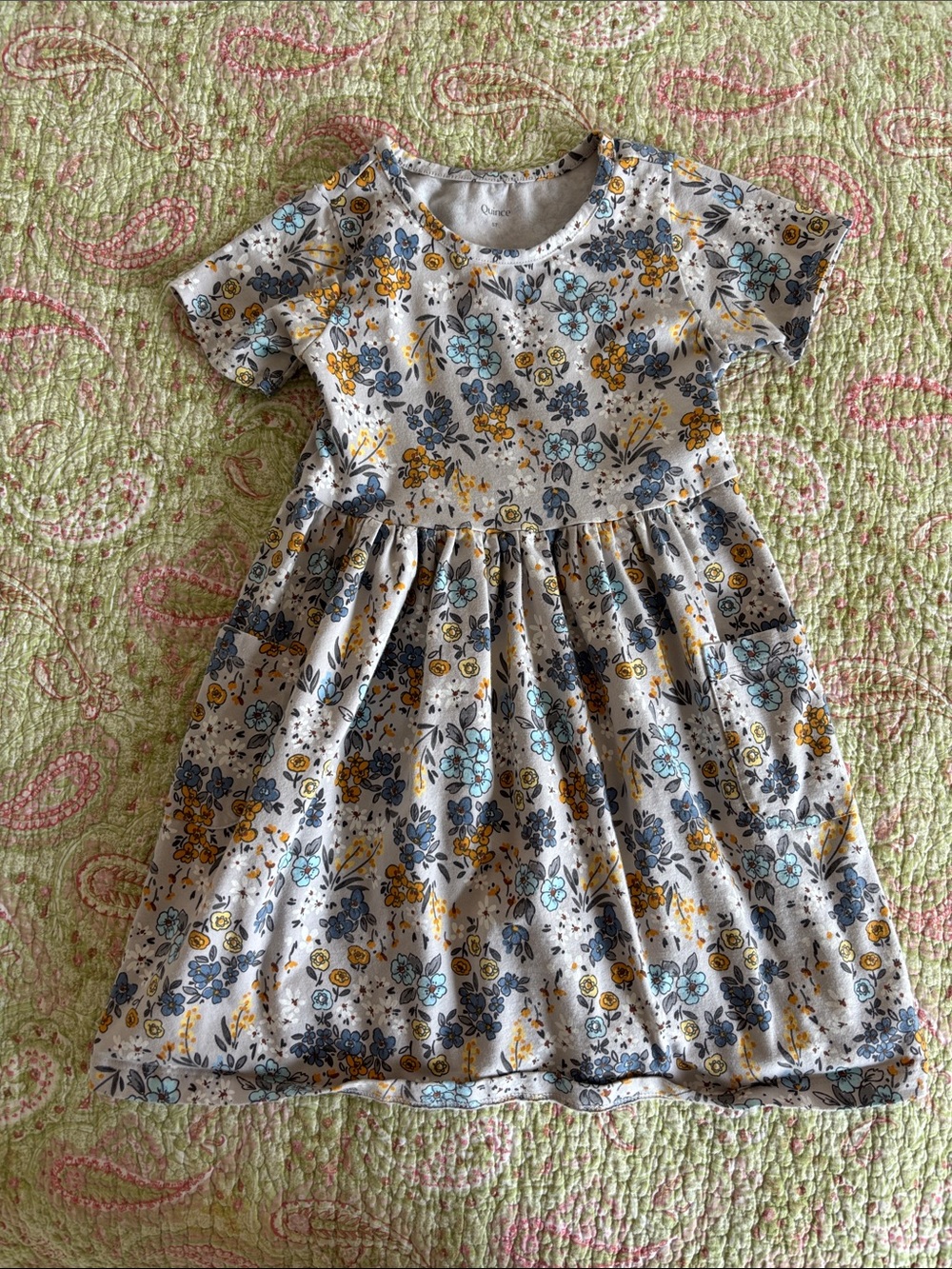 Quince Girls' Floral Short Sleeve Dress - Yellow & Blue